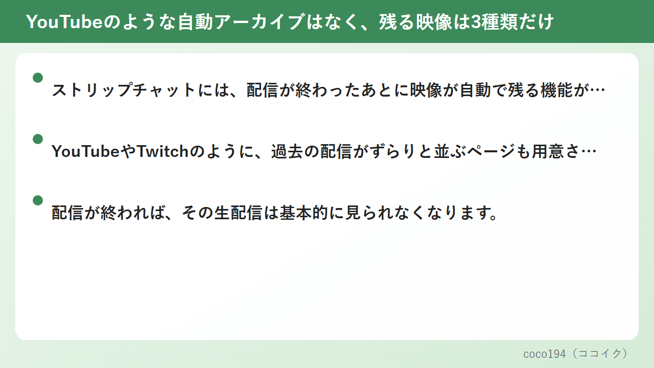 YouTubeのような自動アーカイブはなく、残る映像は3種類だけ