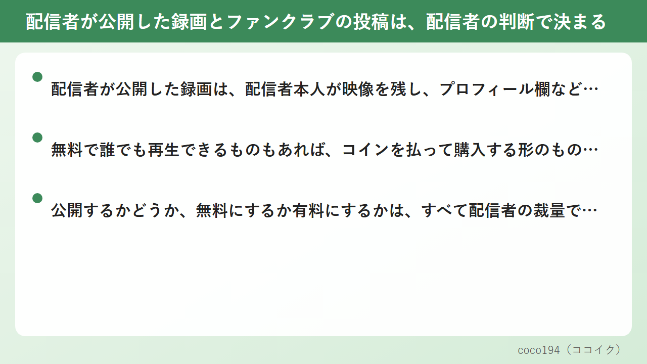 配信者が公開した録画とファンクラブの投稿は、配信者の判断で決まる