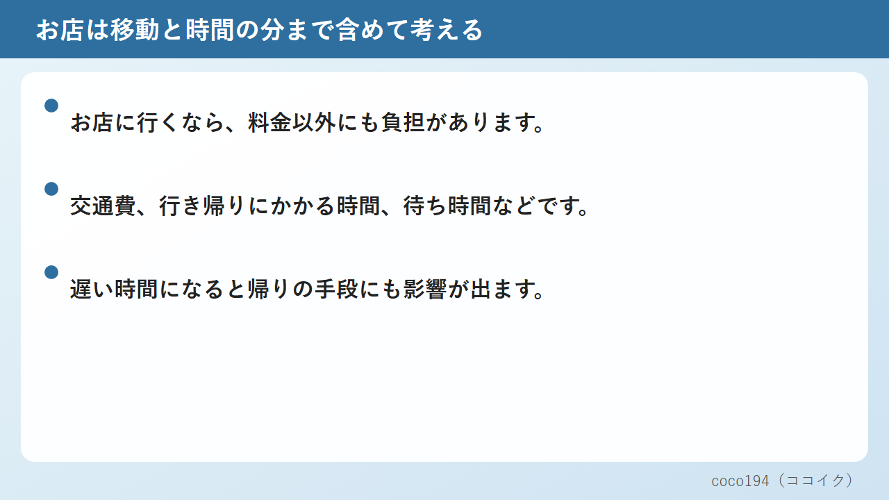 お店は移動と時間の分まで含めて考える