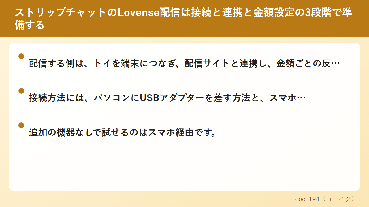 ストリップチャットのLovense配信は接続と連携と金額設定の3段階で準備する